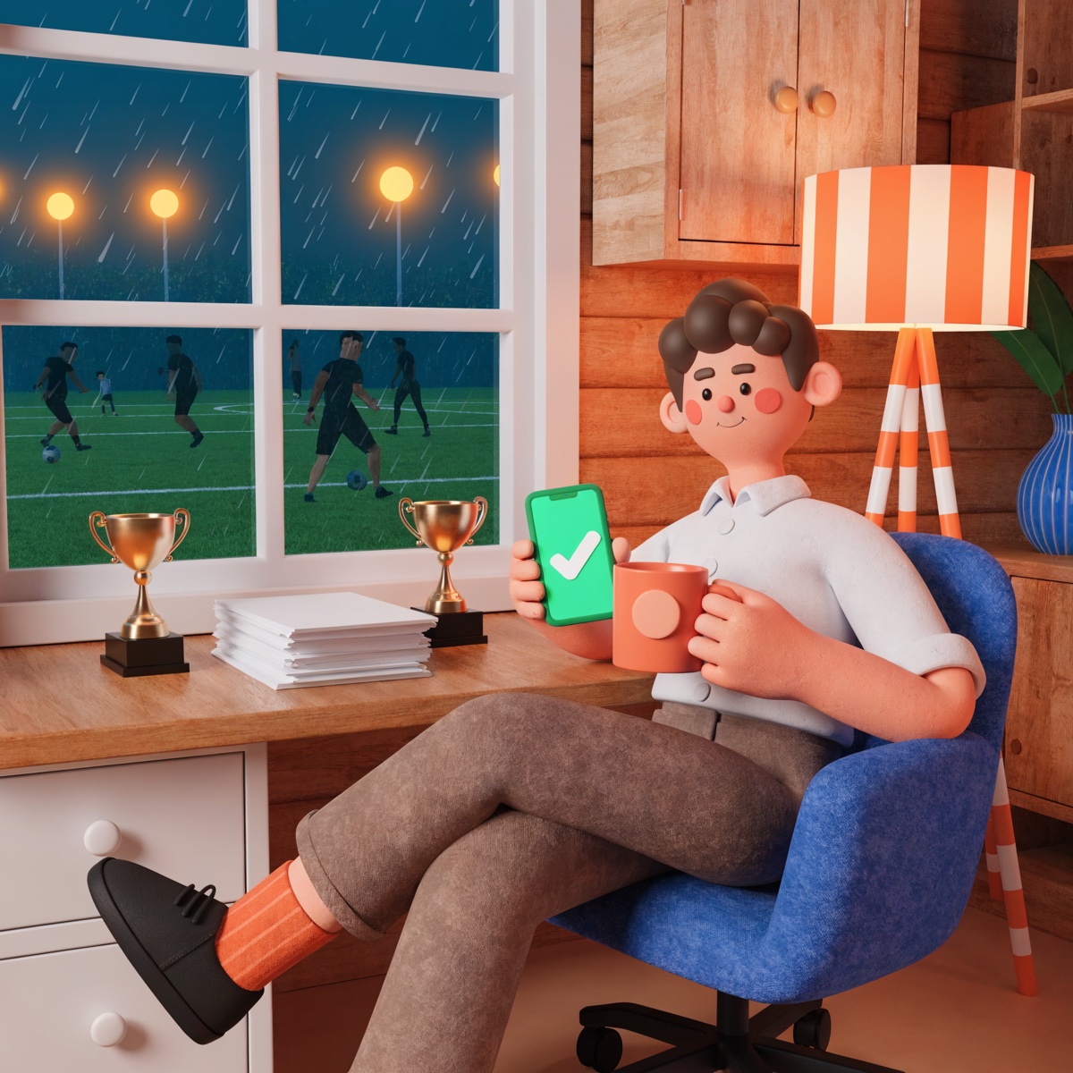 The same volunteer relaxed with a cuppa, desk tidy, one green tick on his phone